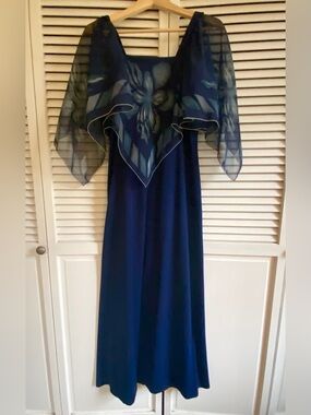 Vintage 70’s Royal Blue Maxi Dress with Sheer Floral “butterfly” Capelet